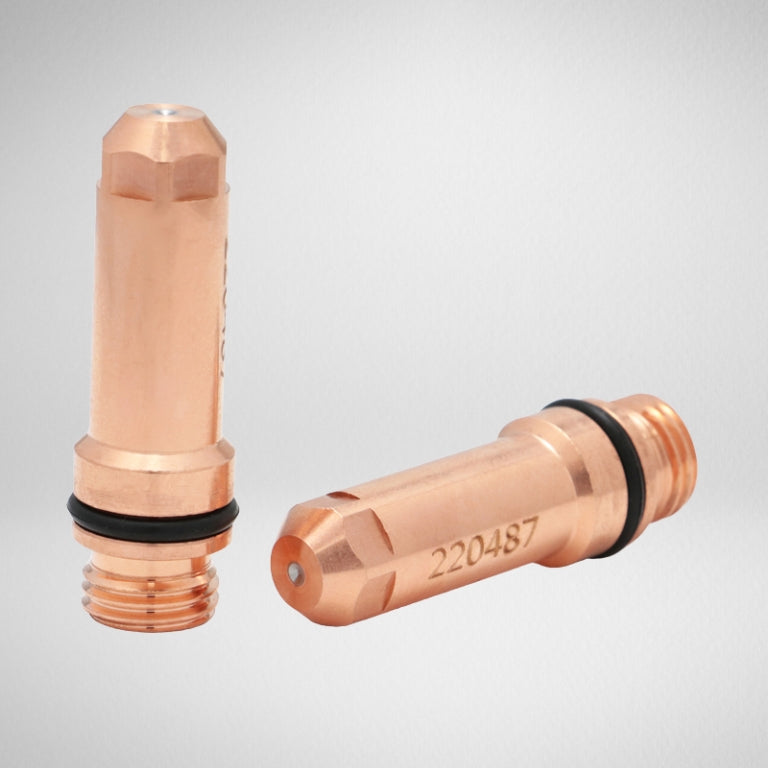 Two copper-colored plasma electrodes for welding torches, one standing upright and the other lying on its side, with the product number 220487 visible on the side of the lying electrode.