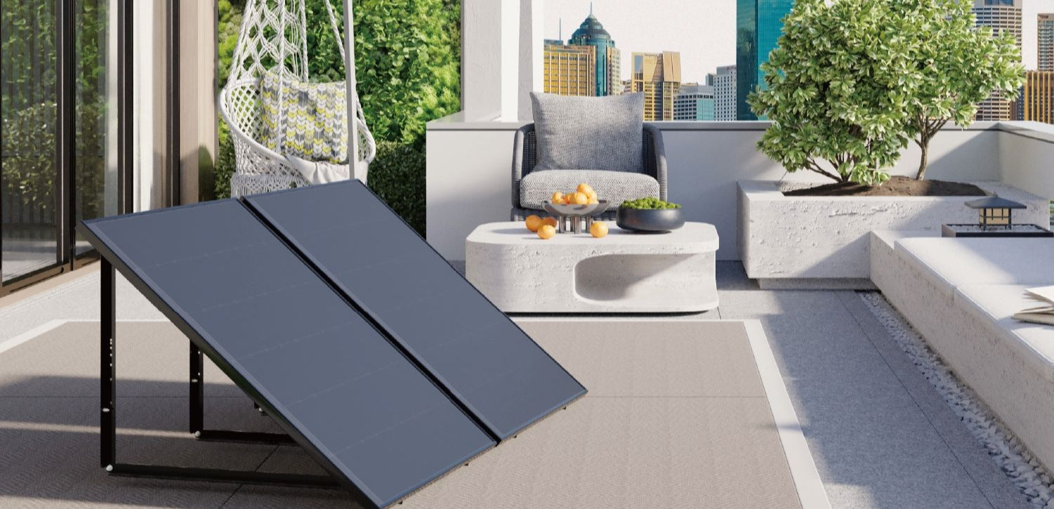 A solar panel kit mounted on a rooftop with a cityscape in the background, depicting a plug and play solar system setup.