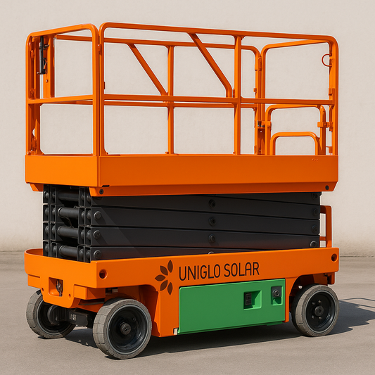 Orange scissor lift with 'UNIGLO SOLAR' branding on a beige background
